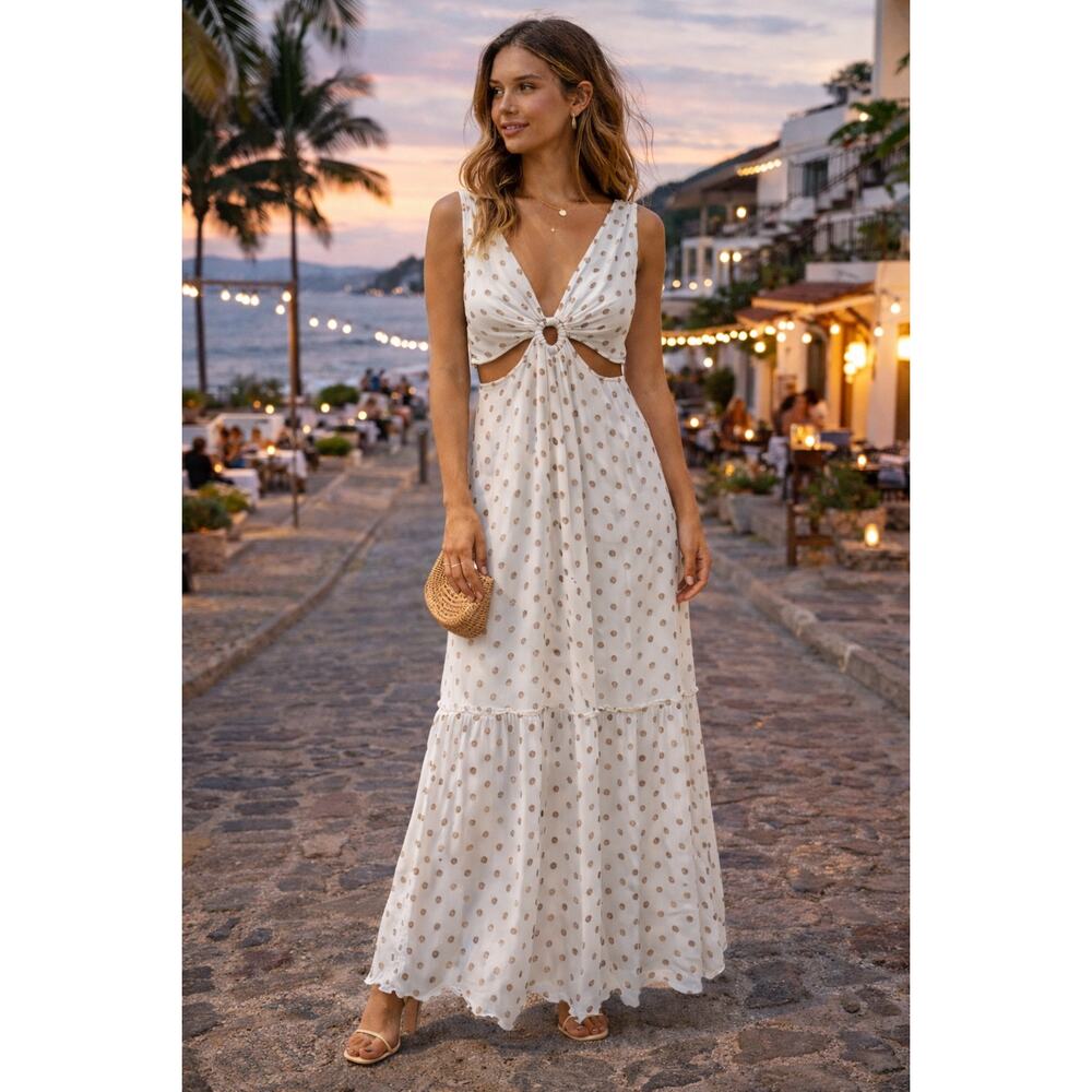 Bloom Beachwear Maxi Dress Small White Gold Polka Dot Cutout Ring Boho Vacation